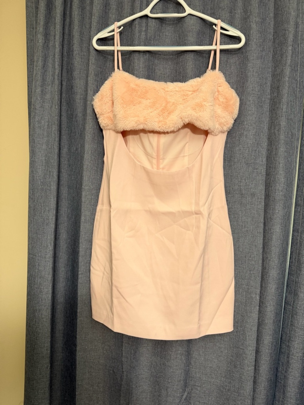 Naked Wardrobe Pale Pink Faux-Fur Trim Spaghetti Strap Mini Dress L NWT